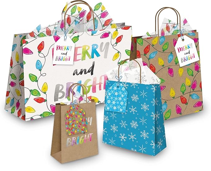 Pro Supply Global 24 Count of 2.5 Inch x 3 Inch Pre Strung Chirstmas Lights Gift Tag Assorted Printed Designs on Large Cardstock Gift Hang Tags - Ideal to Use on Bags