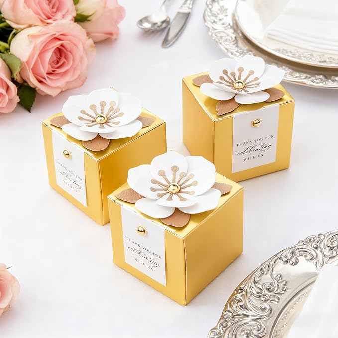 FEIYI 20 PCS Candy Boxes, 3 In 1 Gold Favor Boxes with Floral Decor, White Thank You Tags Gift wrapping for Wedding Birthday Baby Shower Decorations Party -2.55x2.55x2.55''
