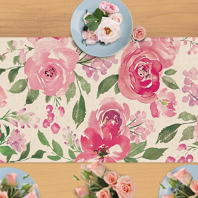 Seliem Spring Summer Watercolor Flower Table Runner, Pink Peony Floral Kitchen Dining Table Decor, Seasonal Burlap Home Decoration Indoor Outdoor Party Supply 13 x 90 Inches