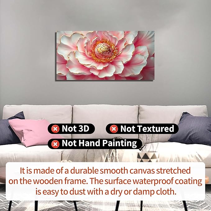 Pink & White Peony Floral Canvas Wall Art with Gold Accents, Abstract Flower Pictures for Living Room Bedroom Wall Decor, Printed Painting Artwork Home Decorations, Size 40x20 Inches - Ready to Hang