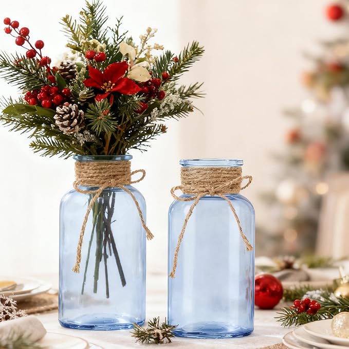Vintage Glass Flower Vase，3 Pack Farmhouse Blue Glass Centerpiece Vases Mason Jars for Weddings, Parties & Home Decor Bulk (3, Blue)
