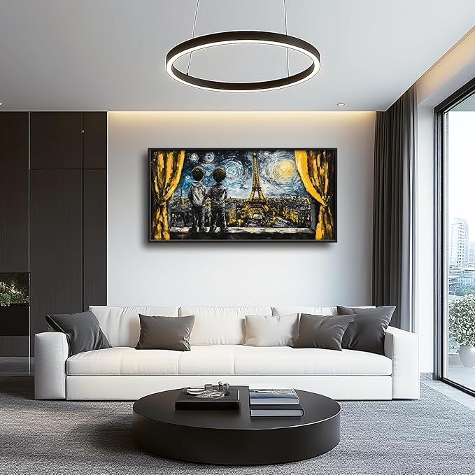 Graffiti Banksy Large Wall Art Inspirational Eiffel Tower Pictures Wall Decor Above Over Bed Canvas Prints Painting Framed Artwork Decoration For Bedroom Living Room 60"x30"