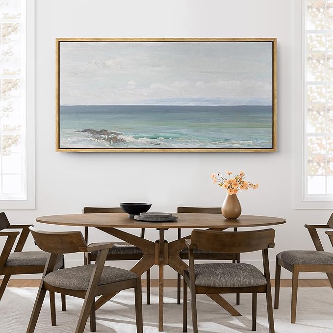 SIGNFORD Extra Large Framed Canvas Print Wall Art Peaceful Coastal Horizon Soft Seascape Illustrations Modern Art Relax/Calm Warm for Living Room, Bedroom, Office - 60"x30"