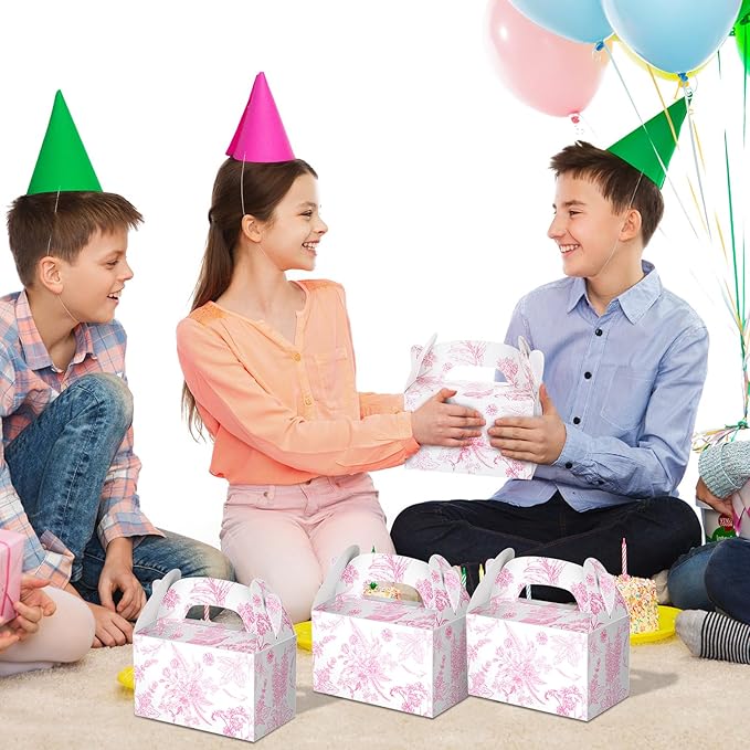Dunzoom 24 Pack Pink Floral Paper Gift Boxes Party Favor Gift Gable Boxes with Chinoiserie Floral Printed Candy Treat Box for Wedding Birthday Tea Bridal Shower Party