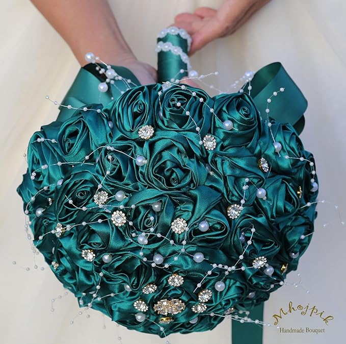 Bridal Wedding Bouquet Round Bling Brooch Bouquet Throw Toss Artificial Rose Flower Bunch for Bride Bridesmaid Wedding Quinceanera(Dark Green, 6.3")
