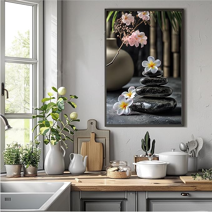 A harmonious black stone stack paired with white and pink flowers bamboo and ceramic vases creates a tranquil Zen decor for minimalist homes and mindful spaces 16x24in Metal blackFramed