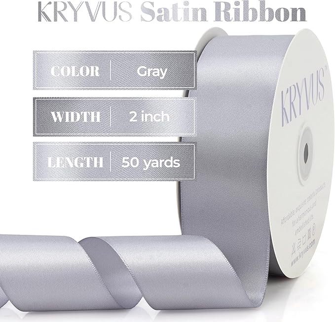 Gray Satin Ribbon, Double Faced 2 Inch X 50 Yards Gray Ribbon, Premium Satin Ribbon for Gift Wrapping, Crafts, Hair Bow Making, Sewing, Flower Bouquet, Wedding Party Decor