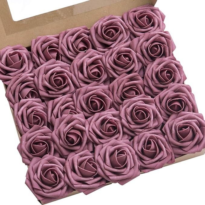 Ling's moment Artificial Flowers 25Pcs Mauve Roses Decor w/Stems,3" Real Touch DIY Foam Floral for Wedding Bouquet/Centerpieces, Outdoors Party Backdrop, Room/Table, and Garden/Pot Decorations