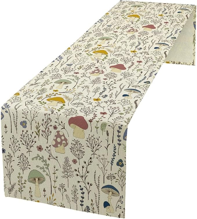 Mushroom Table Runner, Boho Floral Rustic Wildflower Herbs Plants Colorful Botanical Green Leaves Table Runner for Home Party Indoor Outdoor Decor Kitchen Dining Table, 13x70inch