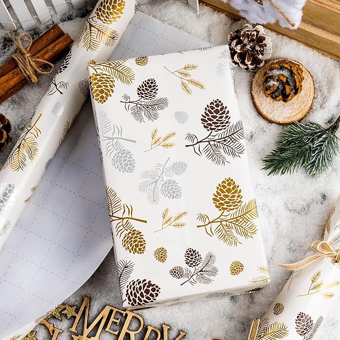 MAYPLUSS Luxury Christmas Wrapping Paper Roll - 17 Inch X 33 Feet - Beige Wrapping Paper with Gold and Silver Pine Cone, Needle Pattern Winter Motive Gift Wrap Paper for Christmas, Holiday, Birthday