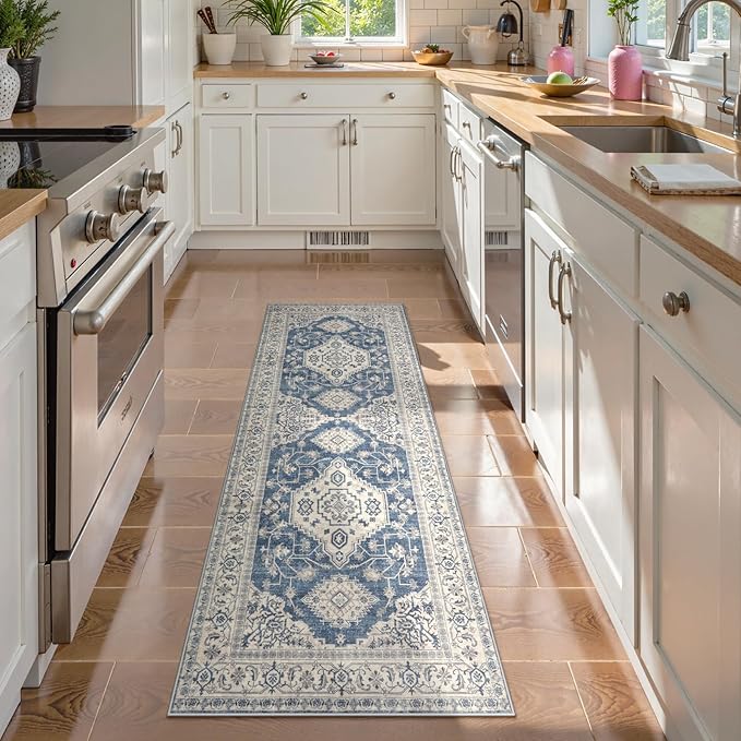 Lahome Oriental Kitchen Runner Rug Non Slip, 2x5 Washable Hallway Runner with Rubber Backing, Vintage Hallway Rug Ultra-Thin Soft Carpet for Bedroom Bathroom, Blue