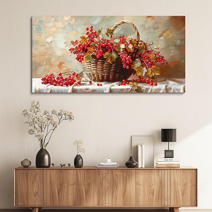 hyidecorart Large Canvas Print Wall Art Rustic Dining Room Artwork For Walls Still Life Bamboo Basket And Fruit Vintage Wall Decor Modern Pictures For Living Room Kitchen Bar Paintings Ready To Hang