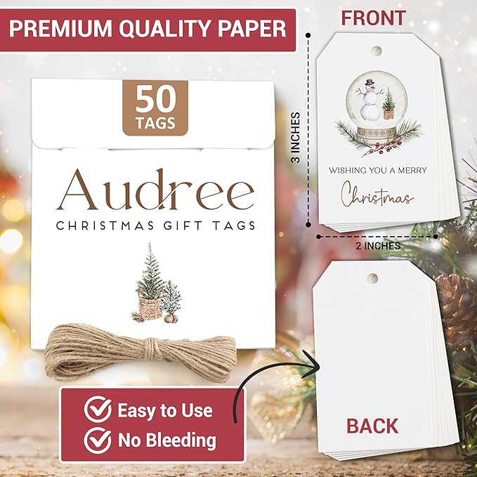 AUDREE 50 Pcs Christmas Gift Tags with String - Cozy Holiday Gift Tags for Xmas Presents - Christmas Name Tags for Gifts - Hanging Labels Decoration Xmas Winter Holiday Present DIY Crafts