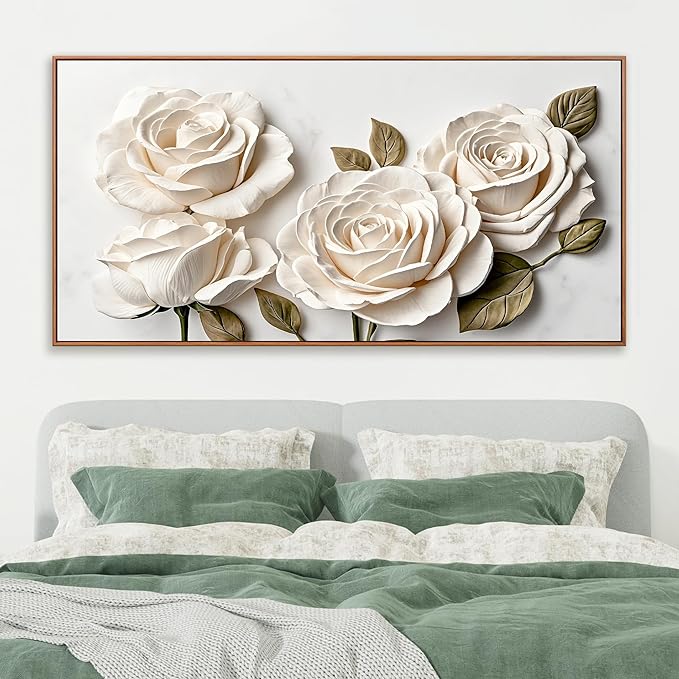Suconvng Large Floral Wall Art Modern Canvas Art Wall Decor Painting White Flower Wall Art For Bedroom Office Home Wall Decoration 29" X 58" With Framed Wood Frame