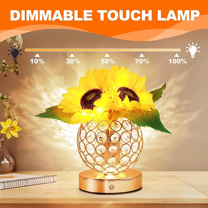 Sunflower Gifts for Women,Sunflower Flower Home Decor Touch Table Lamp,3-Colour Dimming Rechargeable Cordless Small Night Light for Festival Housewarming Birthday Gift for Mom