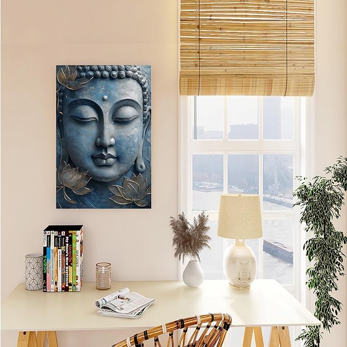 Canvas wall art Golden lotus crown Serene Buddha poster Ethereal blue toned art with delicate floral decor Zen wall art for a tranquil meditation space 24x36in Frameless