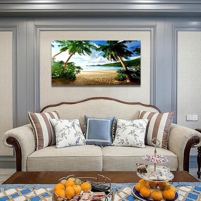 Wall Art Sea Beach Coconut Tree Landscape Picture Print Canvas Wall Art Modern Giclee Artwork Home Decor Stretched and Framed Ready to Hang,2cm Thick Frame, Waterproof Artwork.