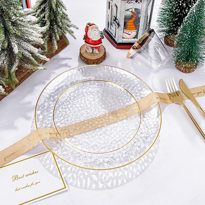 Rubtlamp 175 Pcs Plastic Dinnerware Set (25 Guests), Clear And Gold Plastic Plates, Hammered Party Plates Include Dinner Platos, Dessert Platos, Cups, Gold Cutlery Set And Napkins for Christmas