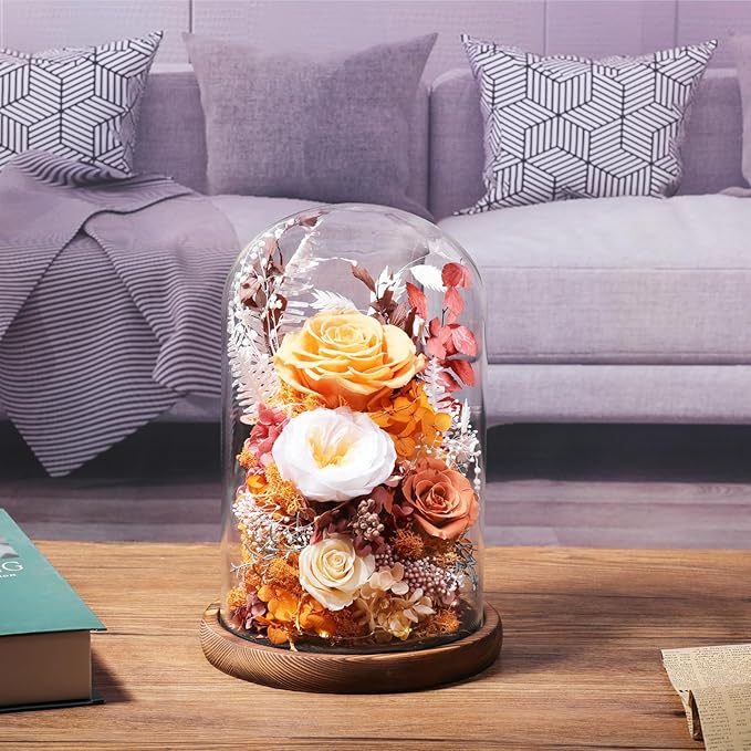 Flowers for Delivery Prime Preserved Flowers Rose in Glass Dome,Orange Rose Forever Flowers Birthday Gifts for Women Mom Grandma Friend Thanksgiving Gifts for Her,Home Decor