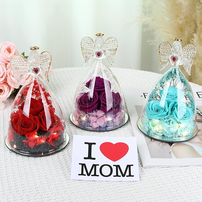 Mothers Day Rose Gifts for Women, Large Angel Figurines with Real Roses, Preserved Real Flower Rose for Her - Purple