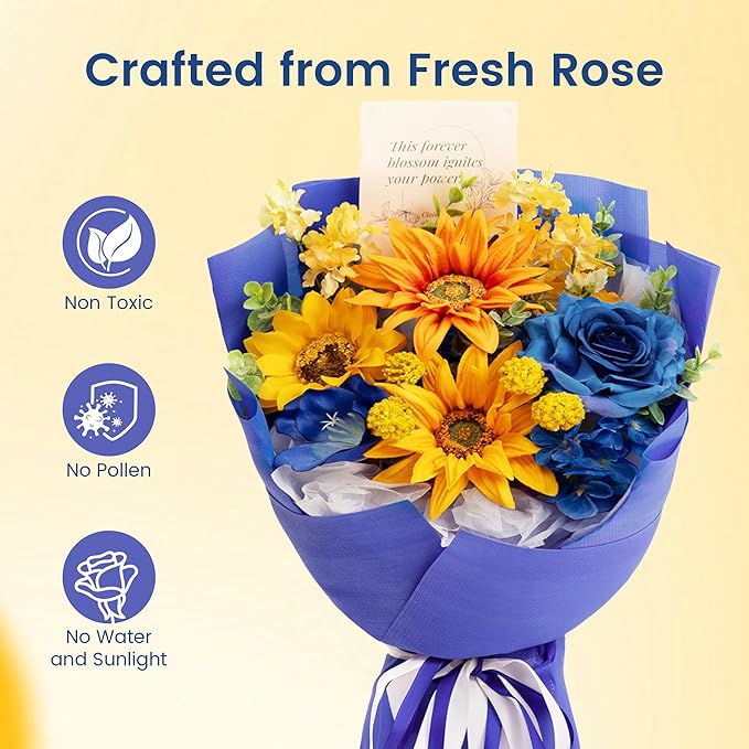 TINGE TIME Aritifical Flowers Bouquet, Sunflower&RoyalBlue Roses Gift Bouquet, Birthday Gifts for Women, Eternal Roses Bouquet for Grandma Wife Anniversary Graduation