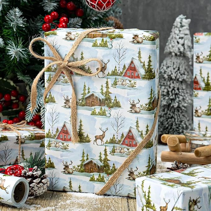 MAYPLUSS Christmas Wrapping Paper Roll - 17 In x 33 Feet - Cute Watercolor Christmas Tree Reindeer Log Cabin Gift Wrap Paper for New Year, Holiday, Kids