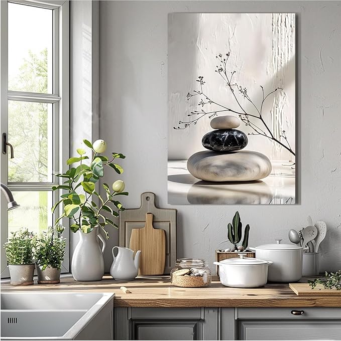Gray and black stone pile and dried flowers poster canvas wall art in harmony Minimalist wall art for tranquil homes and mindful spaces 20x30in Frameless
