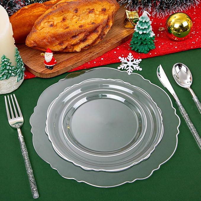 Liacere 150PCS Clear Silver Plastic Plates & Disposable Silver Plastic Silverware with Glitter Bamboo Handle Cutlery-Baroque Clear Disposable Plates for Wedding & Easter day & Mother's Day