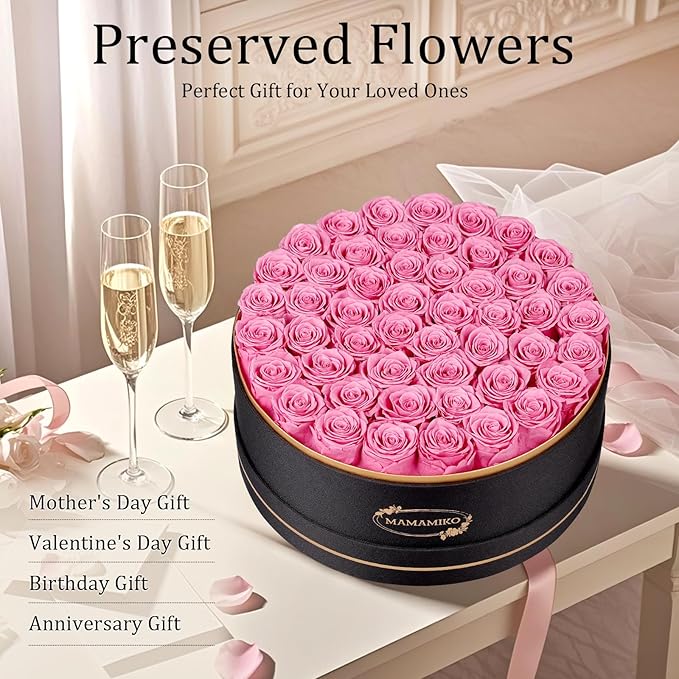 50 Preserved Roses in a Gift Box for Her - Forever Flowers for Delivery, Eternal Rose Mothers Gifts for Mom, Wife Anniversary Birthday Gifts for Women, Pink
