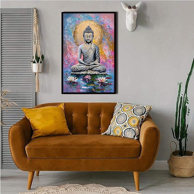 Lotus and golden Buddha meditation tranquil zen wall art mindfulness wall art for spiritual harmony and tranquility decor 8x12in Metal blackFramed