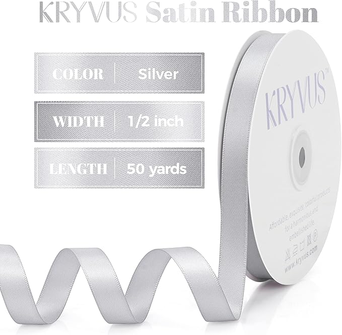 Silver Satin Ribbon, Double Faced 1/2 Inch X 50 Yards Silver Ribbon, Premium Satin Ribbon for Gift Wrapping, Crafts, Hair Bow Making, Sewing, Flower Bouquet, Wedding Party Decor