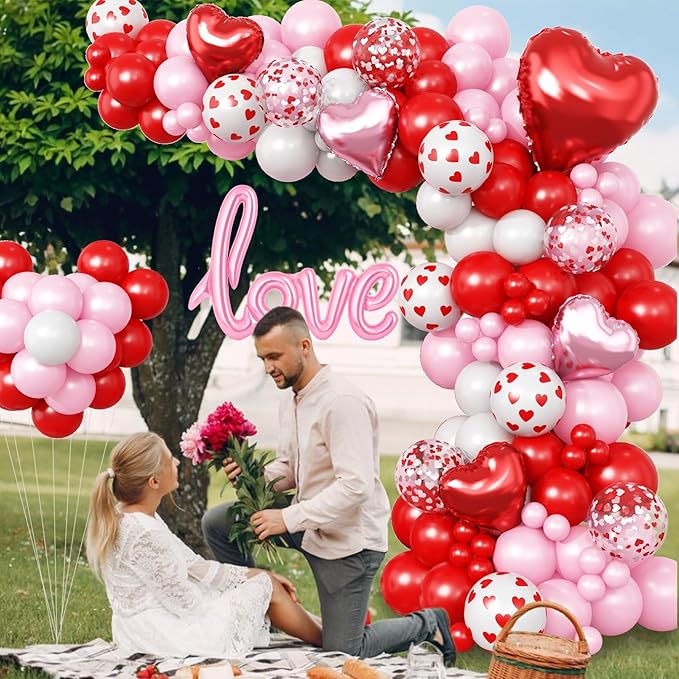Valentines Day Balloon Arch Garland Kit, Red Pink White Heart Shaped Confetti Latex Balloon with Love Heart Foil Balloons for Happy Valentine Galentines Wedding Anniversary Birthday Party Decorations