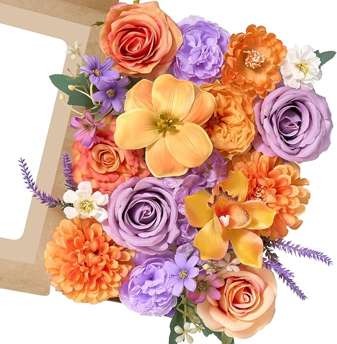 Serwalin Artificial Orange & Purple Flowers, Silk Fake Flowers Stems for Wedding Bouquets DIY, Baby Shower Centerpieces, Cake Decor, Birthday Party & Home Decor