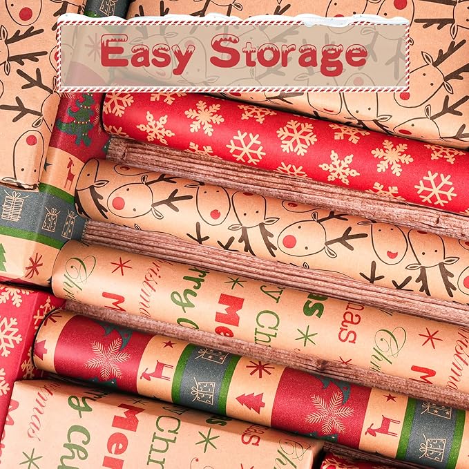 Happypapa Christmas Wrapping Paper, Kraft Xmas Wrapping Paper Rolls - Snowflakes, Reindeer, Gift and Merry Christmas Pattern - 4 Rolls - 17 Inch × 120 Inch Per Roll