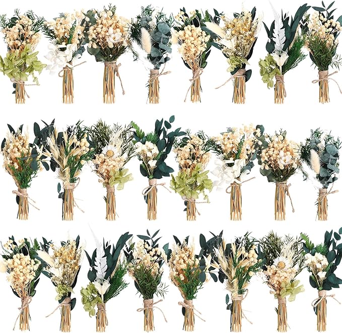 Layhit 24 Pcs Boho Dried Flower Bouquet Mini Wedding Handmade Dry Flowers Decor for Vase Crafts DIY Photo Boutonniere for Men Floral Plant for Bridesmaid Gift Birthday Decor(Greenery)