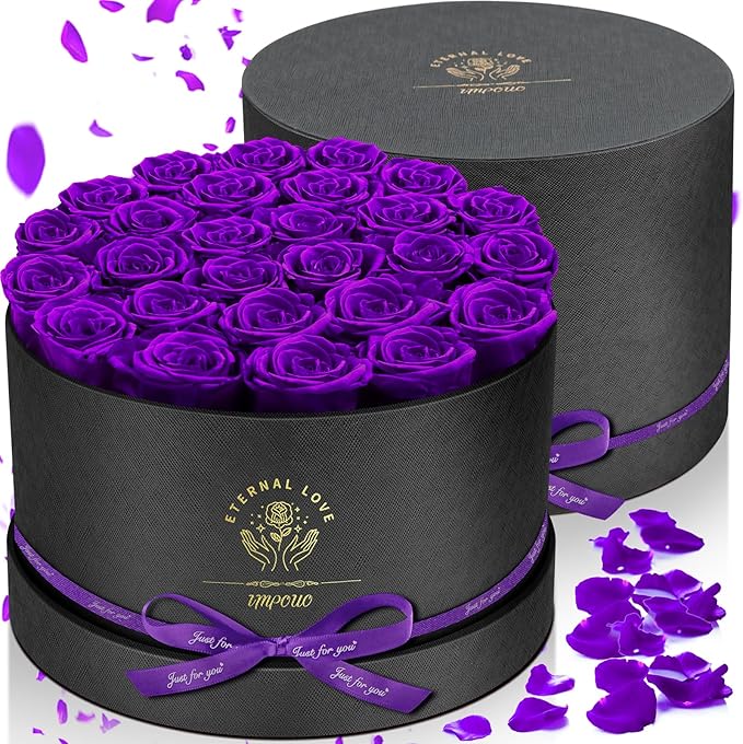 Forever Flowers, 27 Roses in A Box, Real Preserved Roses, Birthday Gift for Women, Mother's Day, Anniversary, Purple Rose
