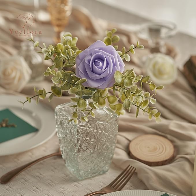 Artificial Flowers, 25pcs Artificial Rose for DIY Wedding Bouquets Centerpieces Arrangements, Purple Foam Rose with Stem for Bridal Shower Party Home Decorations