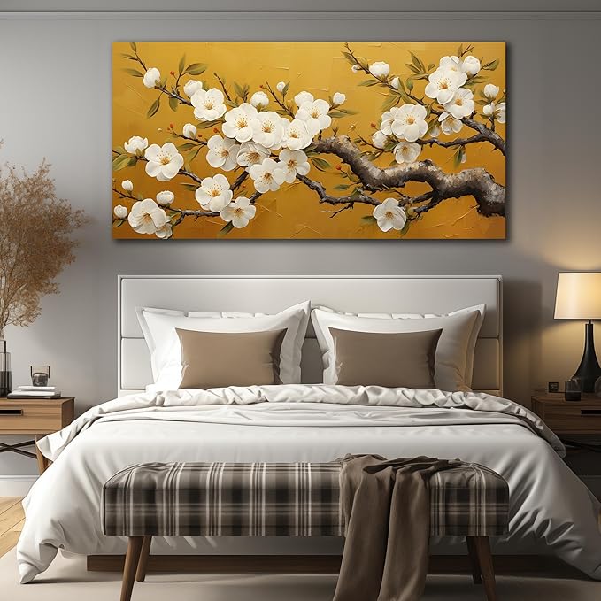 Plum Blossom Prints Wall Art for Living Room Yellow and White Wall Decor for Bedroom Big Canvas Wall Art for Office Size 29 x 58 Inch