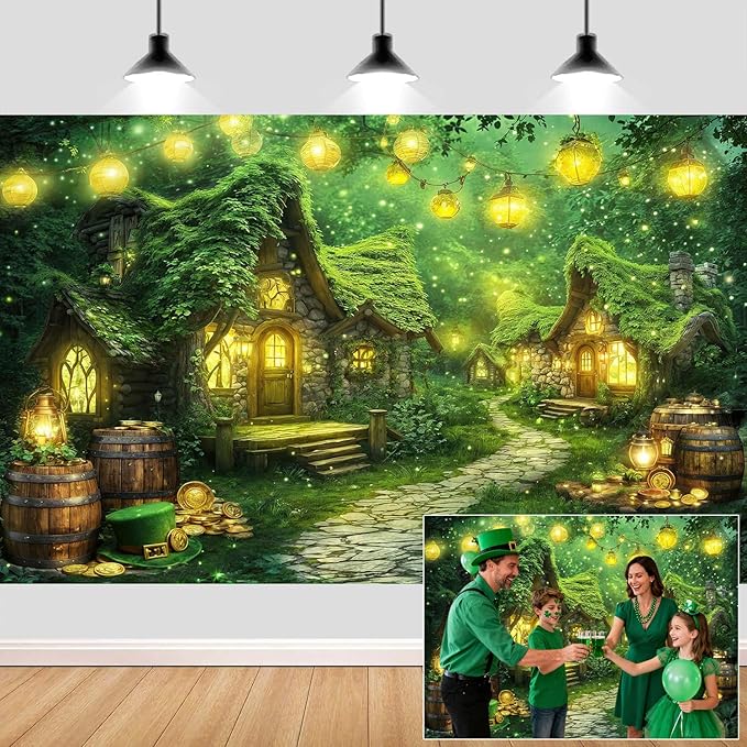 7X5ft St. Patrick's Day Backdrop Magic Enchanted Forest Green House Lucky Irish Shamrock Gold Coins Wonderland Photography Background for Kids Girls Party Decoration Cake Table Photo Booth Props