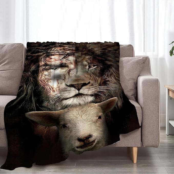 Christian Jesus Lion & Lamb Throw Blanket - Soft, Warm, Cozy Fleece for Men, Women, Adults - 50"x40"