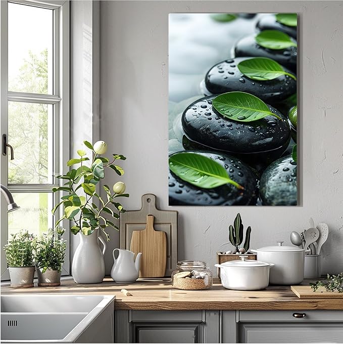 Glittering black stone cluster with fresh green leaves and water drops poster tranquil mist rain wall art zen wall art suitable for modern minimalist home decor 24x36in Frameless