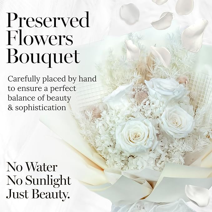GLAMOUR BOUTIQUE Preserved Flowers Bouquet - Flowers Forever in a Box with Hydrangeas & More, Gift Ready for Anniversary, Birthday, Mother's Day, Long-Lasting 1-3 Years - White
