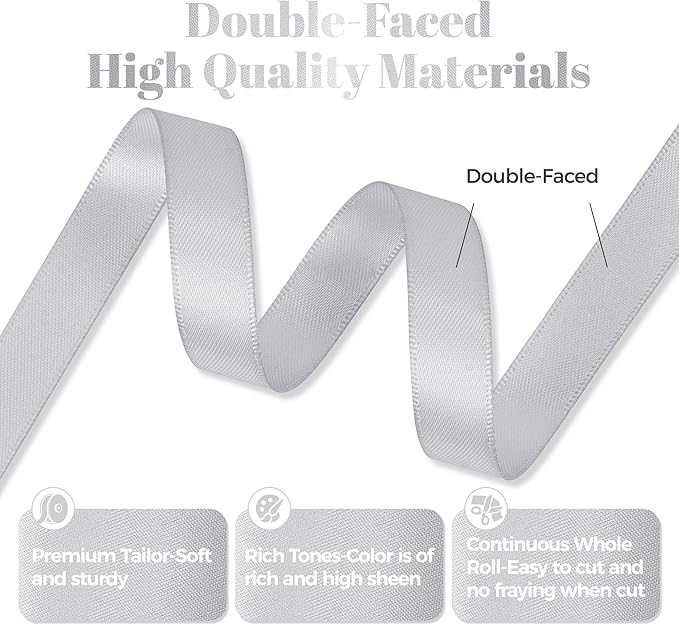 Silver Satin Ribbon, Double Faced 1/2 Inch X 50 Yards Silver Ribbon, Premium Satin Ribbon for Gift Wrapping, Crafts, Hair Bow Making, Sewing, Flower Bouquet, Wedding Party Decor