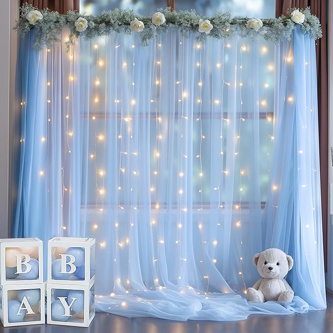 20x10ft Baby Blue Tulle Backdrop Curtain with Lights String for Parites, Sheer Backdrop Curtains for Wedding Baby Shower Birthday Party Photo Shoot Decorations