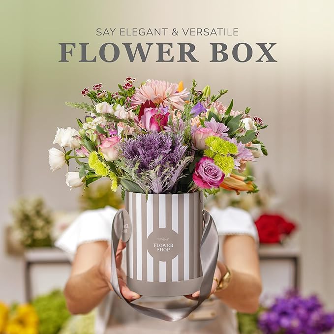 Striped Flower Hat Box 2 Pack | Round Flower Boxes for Arrangements | Satin Ribbon Handle & Waterproof Liner | Gift Box for Flowers with Lids