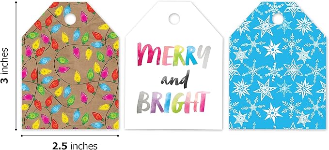 Pro Supply Global 24 Count of 2.5 Inch x 3 Inch Pre Strung Chirstmas Lights Gift Tag Assorted Printed Designs on Large Cardstock Gift Hang Tags - Ideal to Use on Bags