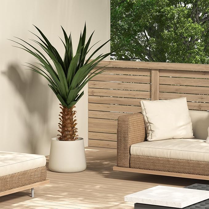 Set of 2 Artificial Agave Plants 4ft Each, Realistic Faux Spiked Agave Trees with Lifelike Leaves and Moss in White Pots, Indoor Outdoor Floor Plants for Home Office Patio Porch Decor