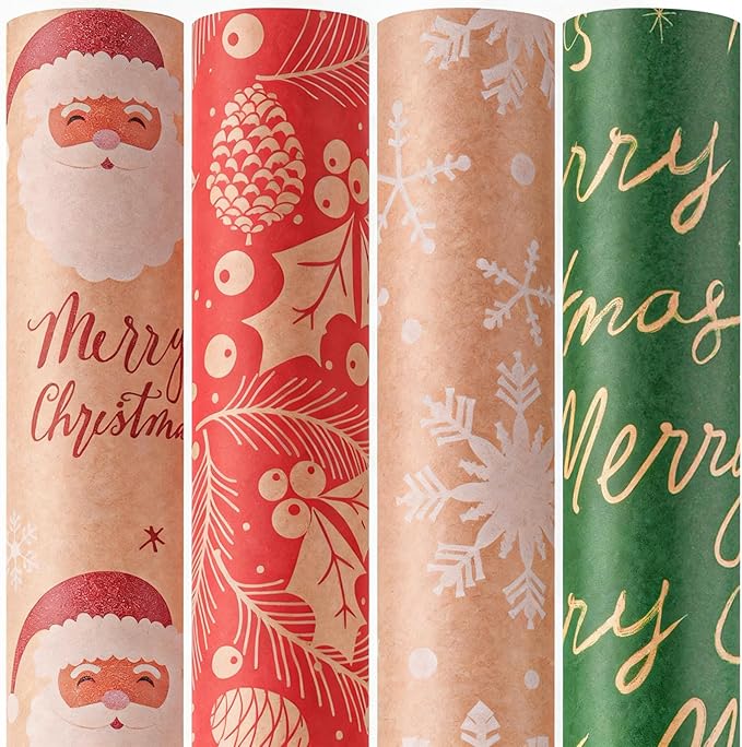Happypapa Christmas Wrapping Paper, Kraft Xmas Wrapping Paper Rolls - Santa Claus, Trees, Snowflakes and Merry Christmas Pattern - 4 Rolls - 17 Inch × 120 Inch Per Roll