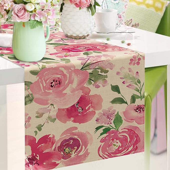 Seliem Spring Summer Watercolor Flower Table Runner, Pink Peony Floral Kitchen Dining Table Decor, Seasonal Burlap Home Decoration Indoor Outdoor Party Supply 13 x 90 Inches