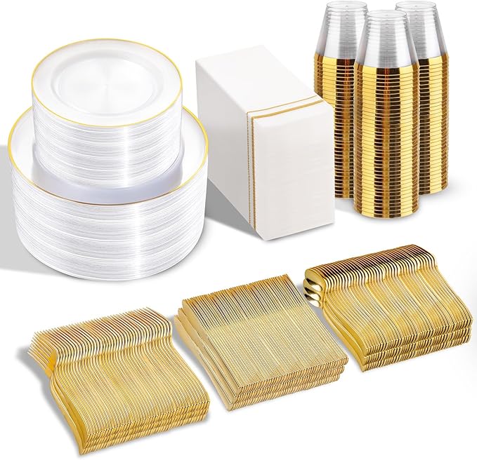 SUT 700Pcs Plastic Dinnerware Set for 100 Guests, Clear and Gold Plastic Plates, Disposable Plates and Napkins Party Supplies, Gold Silverware, Plates, Cups and Napkins Sets for Party Weddings